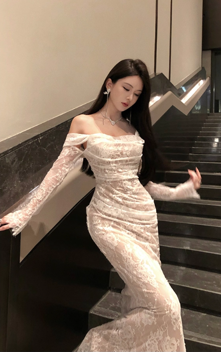 Vintage Off-Shoulder Lace Mermaid Evening Gown Long Sleeves Prom Dress TP5146