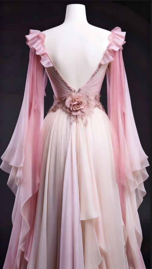 Vintage Pink Chiffon A-Line Cape Sleeves Ruffles Beaded Evening Gown TP5173
