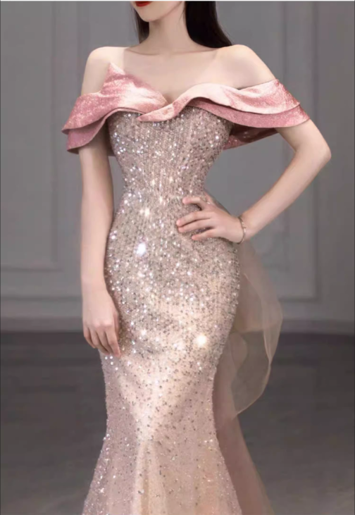 Chic Off-Shoulder Sparkling Sequin Mermaid Glittering Tulle Evening Gown TP5268