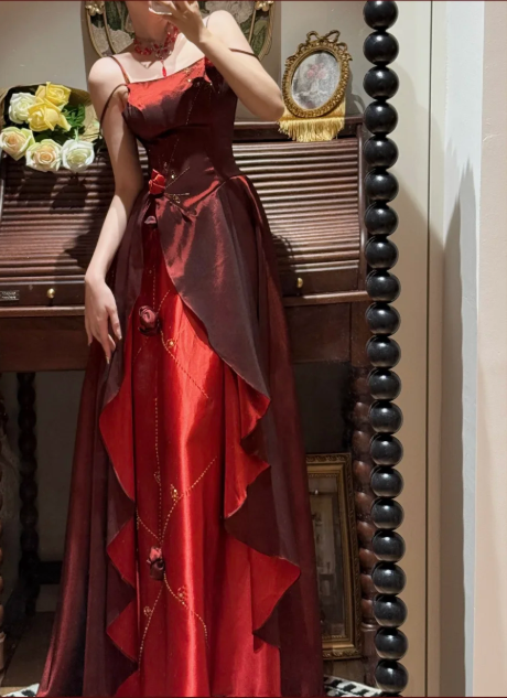 Elegant Burgundy Ruffles 3D Floral Spaghetti Strap Evening Gown TP5407