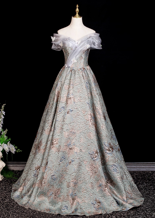 Glamorous Sage Green Floral Brocade Off-Shoulder Sweet 15 Quinceanera Ball Gown TP5503