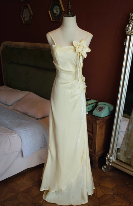 Elegant Satin Spaghetti Strap Prom Dress Sheath 3D Flower Evening Gown TP5532