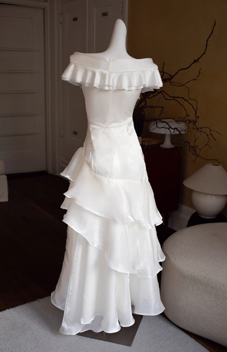 Vintage Off-the-Shoulder Ruched Ruffled Tiered Sheath Evening Gown TP5534