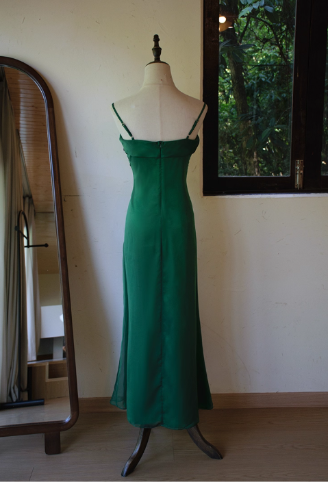 Vintage Emerald Green Chiffon Prom Dress 3D Rose Spaghetti Strap Evening Gown TP5541