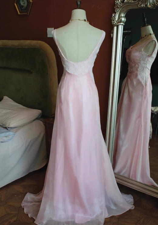 Vintage Pink Chiffon Lace Applique A-Line Evening Gown TP5544