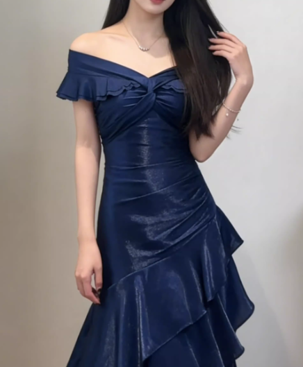 Vintage Navy Blue Satin Off-Shoulder Mermaid Tiered Ruffle Evening Gown TP5558