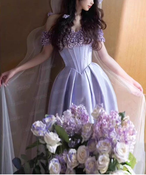 Elegant Lilac Satin A-Line Gown with Off-the-Shoulder Floral Embellishments & Train Prom Dress TP5583