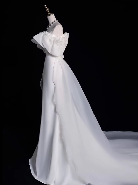 Vintage White Off-Shoulder Ruffled Mermaid Satin Sheer with Train Wedding Dress TP5586