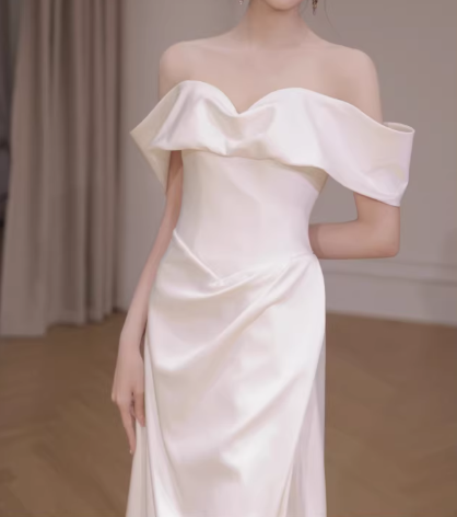 Vintage Off-Shoulder Ivory Satin Ruffled Neckline Sheath Wedding Dress TP5588