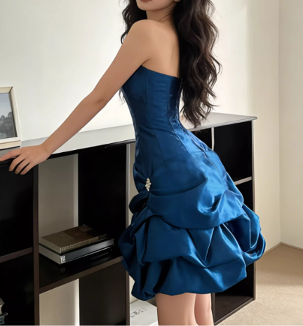 Glamorous Strapless Royal Blue Satin Ruched Beaded Homecoming Dress Cocktail Dress TP5605