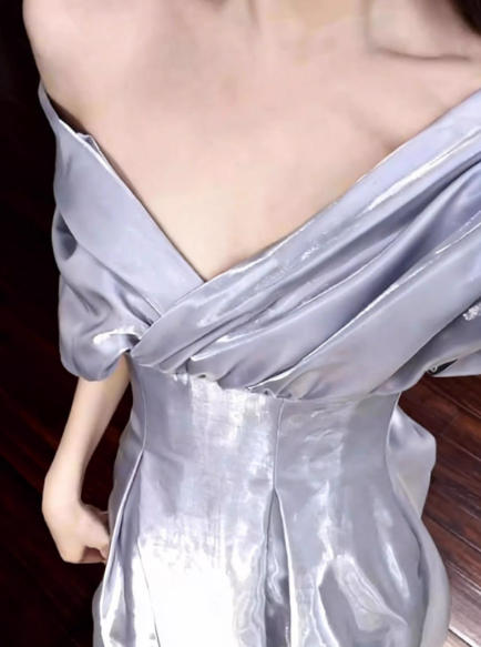 Glamorous Soft Lavender Satin Off-the-Shoulder Ruched Prom Dress TP5614