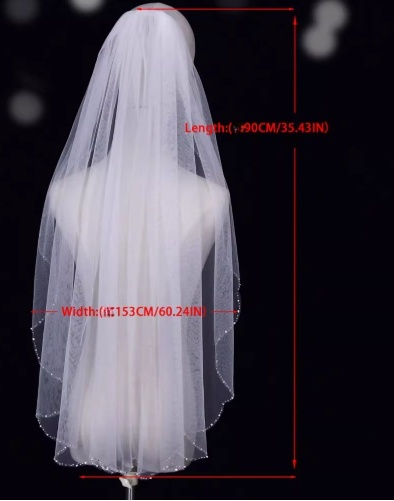 Elegant Ivory Tulle Bridal Veil Pearl-Beaded Edge Medium-Length Wedding Veil TP5620