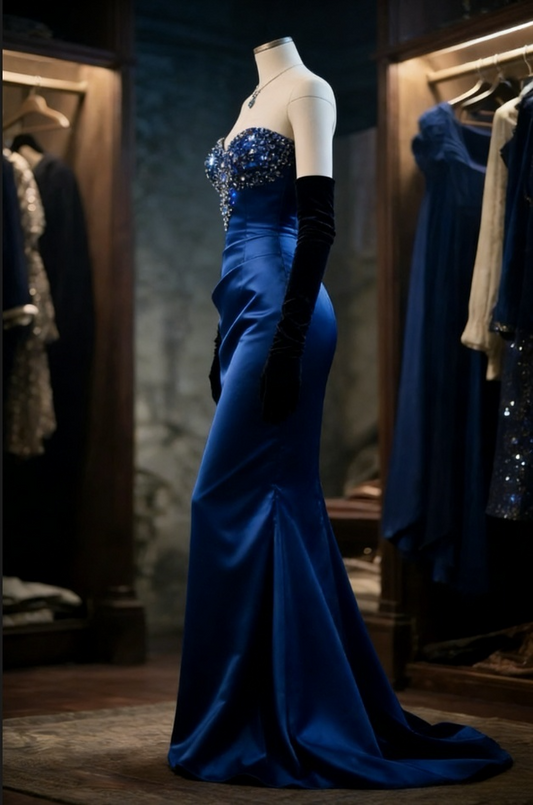 Elegant Royal Blue Beaded Sweetheart Evening Gown Mermaid Strapless Party Dress Long Formal Dress TP4983