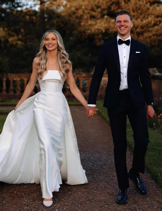 Glamorous Strapless Satin Bridal Gown Detachable Train Sheath Wedding Dress TP5655