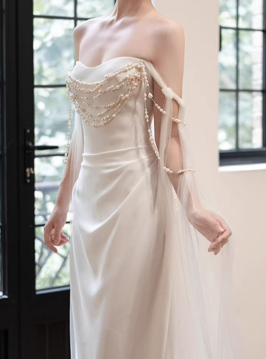 Dreamy Ivory Satin Strapless Wedding Dress with Pearl & Tulle Cape TP5658