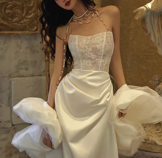 Elegant Ivory Lace Satin Wedding Dress Halter Neck Detachable Sleeves Bridal Gown TP5660