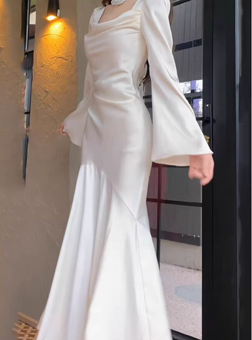 Elegant Satin White Cowl Neck Mermaid Wedding Dress Flared Sleeves Bridal Gown TP5661