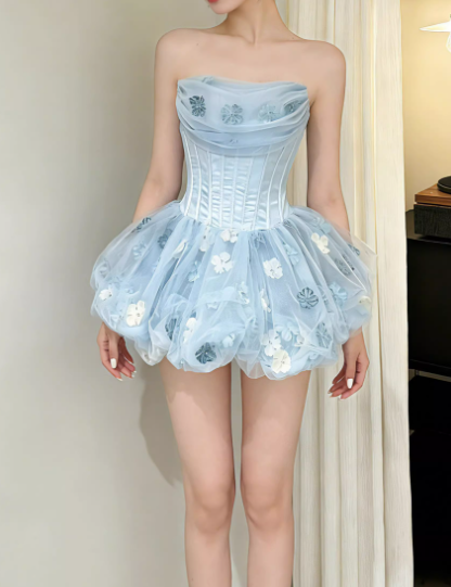 Vintage Sky Blue Strapless 3D Floral Applique Tulle Homecoming Dress Party Dress TP5684