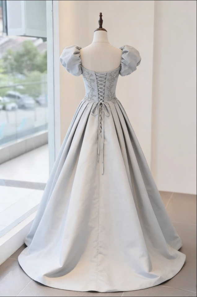 Romantic Silver Gray Square Neck Satin Beaded Bodice Sweet 15 Quinceanera Ball Gown TP5671