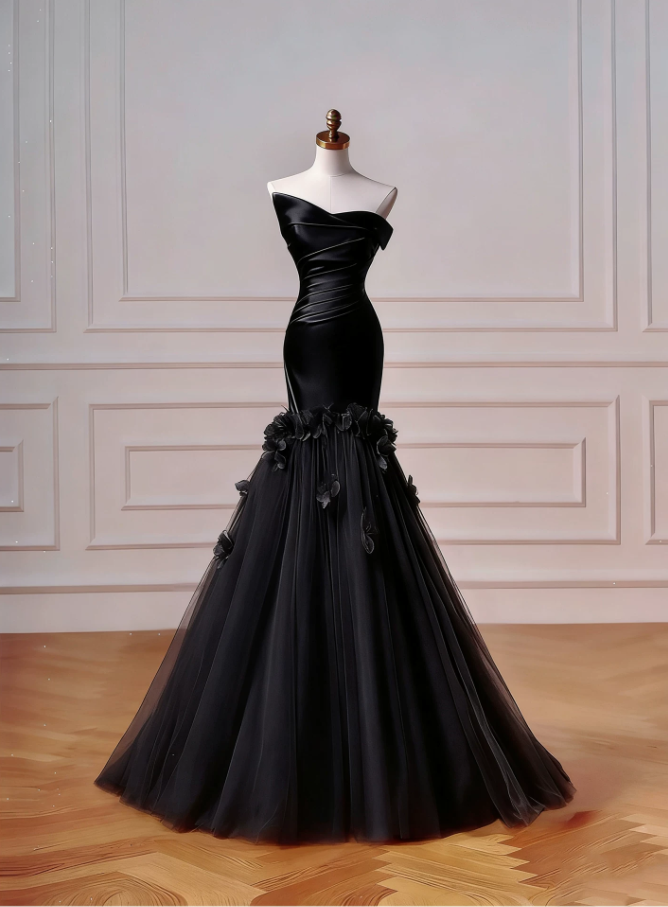Glamorous Strapless Ruched Satin Mermaid Pink Tulle Skirt 3D Flower Prom Dress TP5870