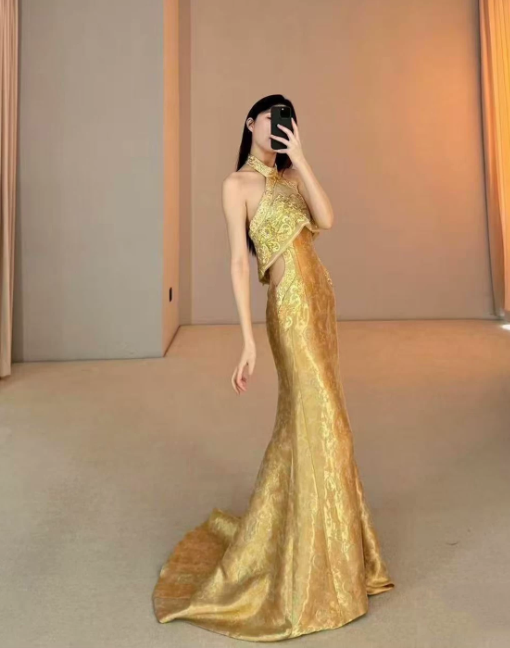 Vintage Gold Jacquard Halter-Neck Mermaid Long Evening Gown TP5876