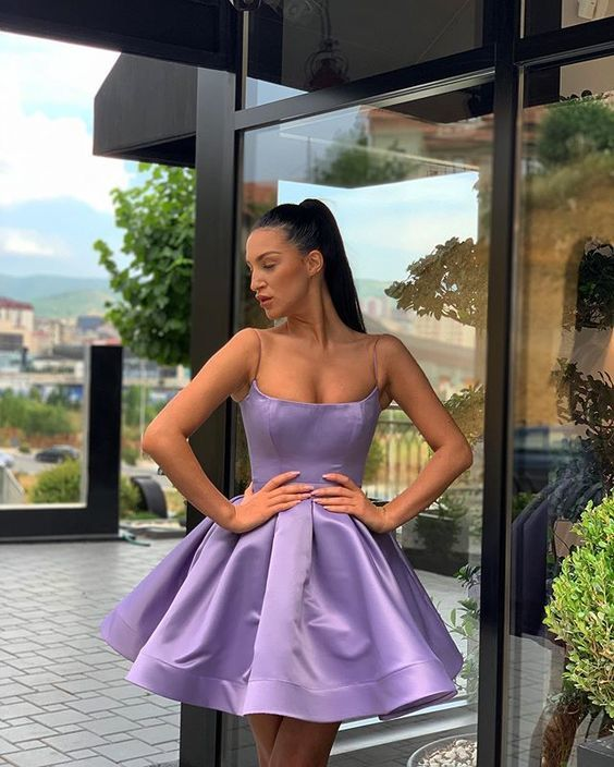 Stylish A Line Spaghetti Straps Purple Short Homecoming Dresses with Ruffles gh801