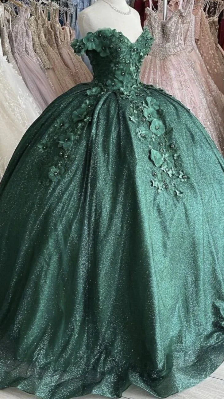 Off The Shoulder Green Ball Gown With Flowers Sweet 16 Dress gh919