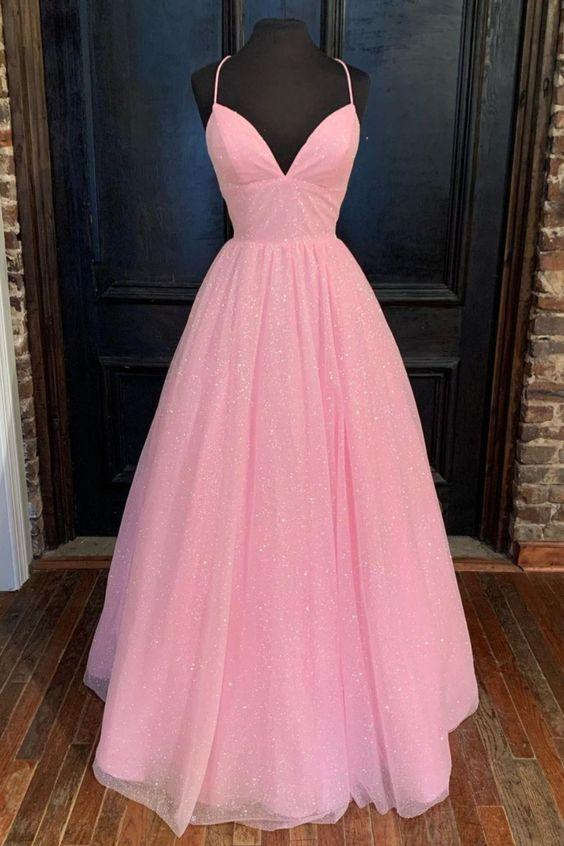 empire pink shiny tulle long prom dress gh924