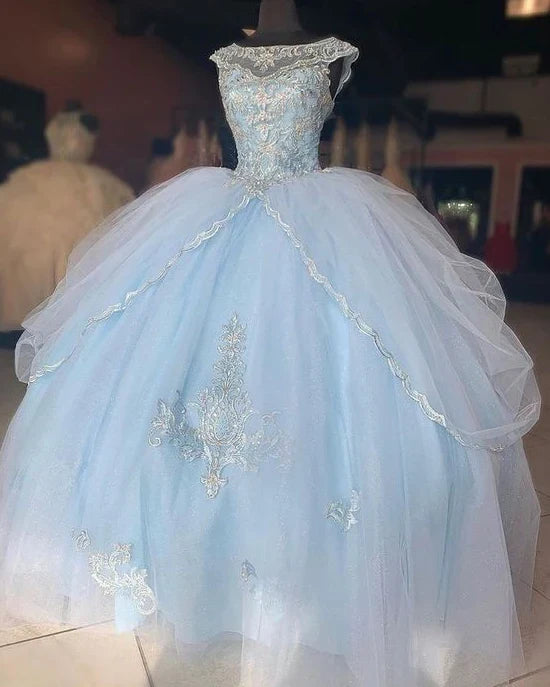 Ball Gown Blue tulle long lace evening dress gh979