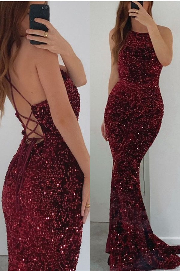 Burgundy Sleeveless Mermaid Prom Dress With Sequins gh768
