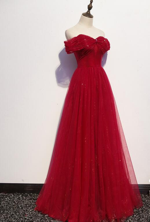 Beautiful Dark Red A-Line Off Shoulder Prom Gown, Wine Red Party Dress gh402