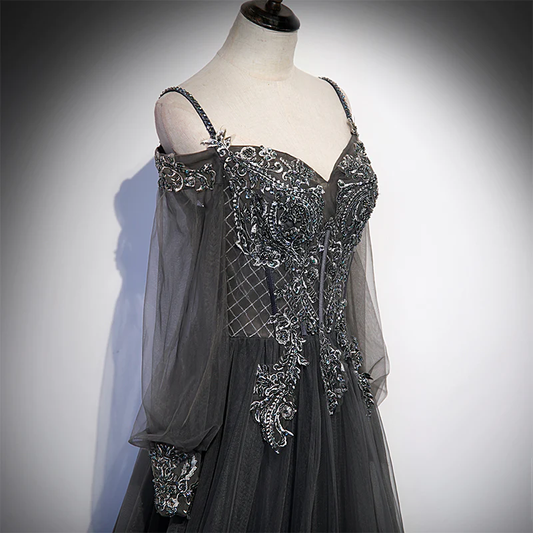 Dark Grey Long Sleeves Lace Applique A-Line Prom Dress, Grey Long Formal Dresses gh48