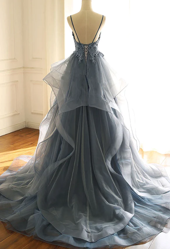 Blue v neck lace tulle long prom dress, evening dress gh970