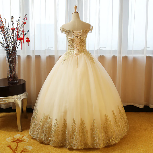 Beautiful Champagne With Gold Applique Long Party Dress, Sweet 16 Dresses gh354