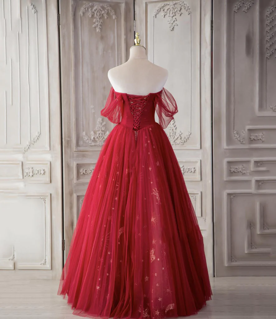 Red Sweetheart Tulle Long Beautiful Prom Dresses, Wine Red Party Dresses Evening Gown gh9