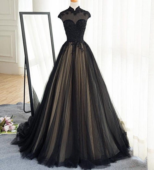 Beautiful Black Prom Dresses High Neck Sweep Train Prom Dress, Black Party Dress gh437
