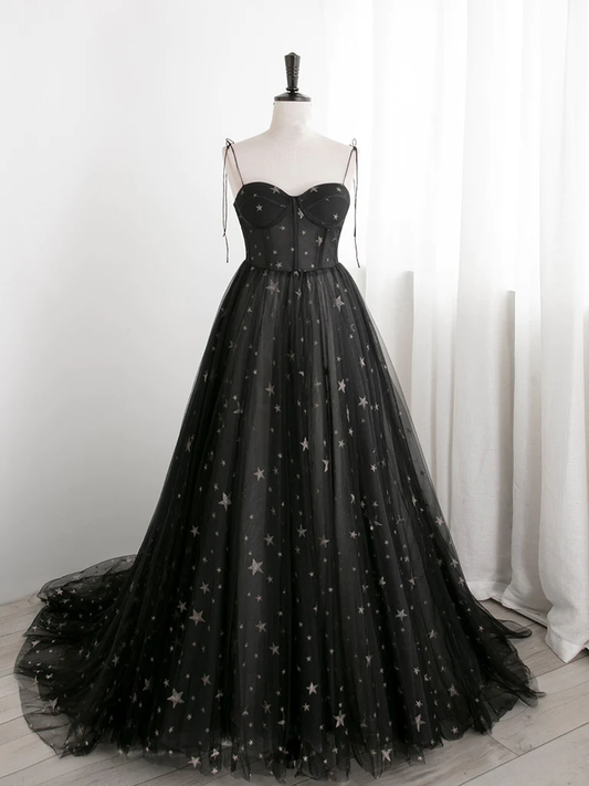 Black Sweetheart Tulle Straps Long Evening Dress, Black Formal Dress Party Dresses Prom dress gh11