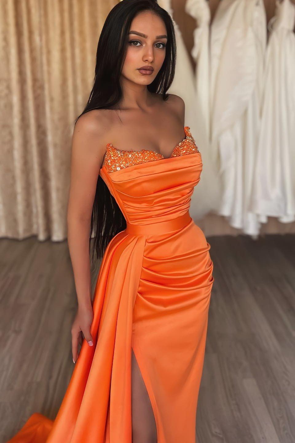 Orange Strapless Long Mermaid Prom Dress Split With Ruffles gh750
