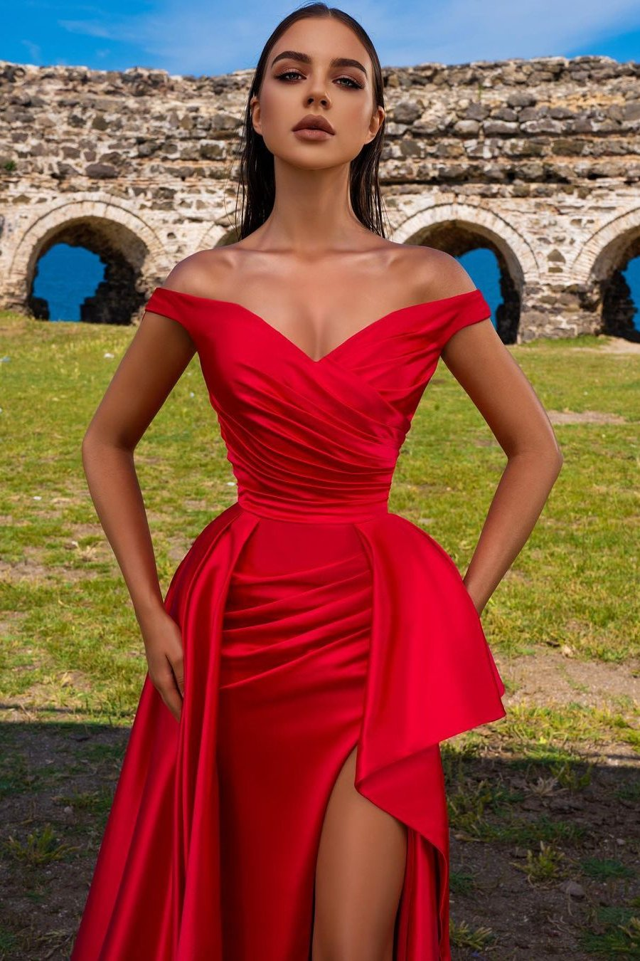 Red Off-The-Shoulder Mermaid Prom Dress With Split gh664