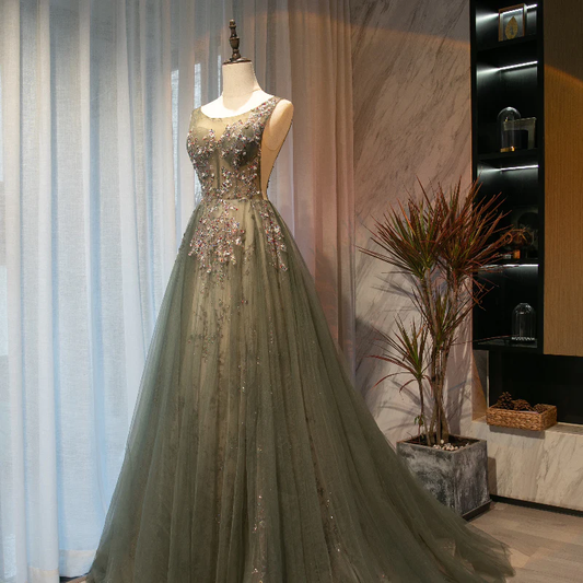 Beautiful Tulle With Applique Light Green Round Neckline Prom Dress, Low Black Long Formal Dress gh92