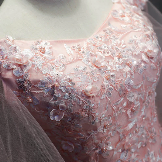 Pink Cap Sleeves Ball Gown Tulle With Lace Sweet 16 Dresses, Long Quinceanera Dresses gh77