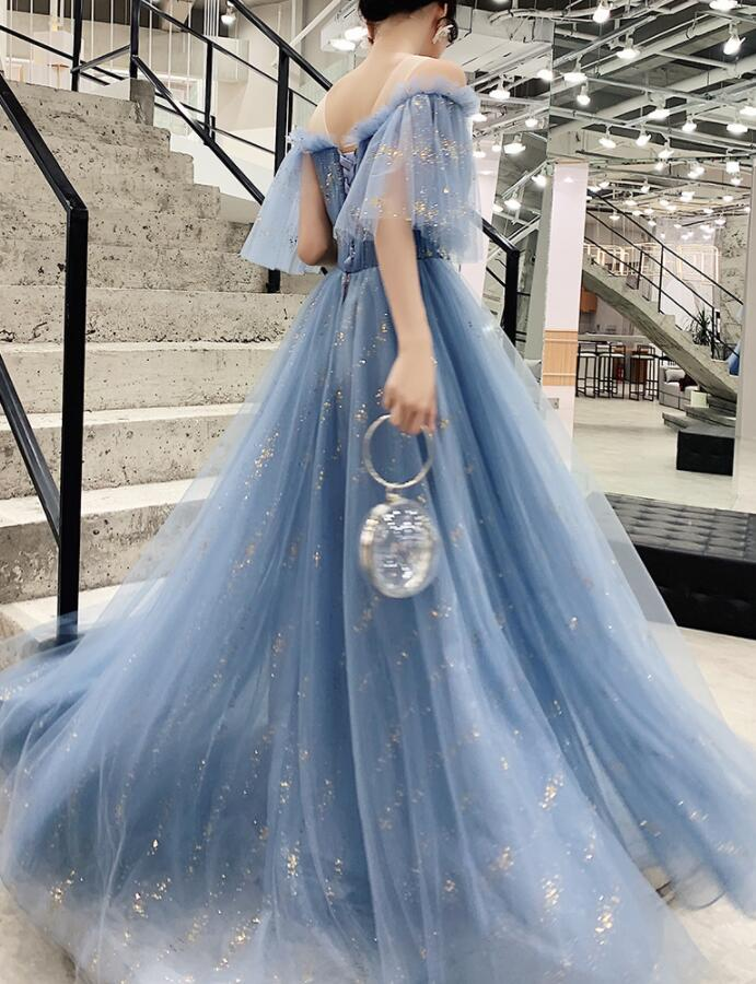 Light Blue Tulle Off Shoulder With White Lace Party Dress, Blue Formal Dress Gowns gh32