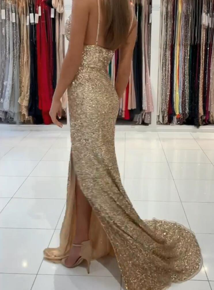 Gold Sequins Mermaid Prom Dress With Slit gh684
