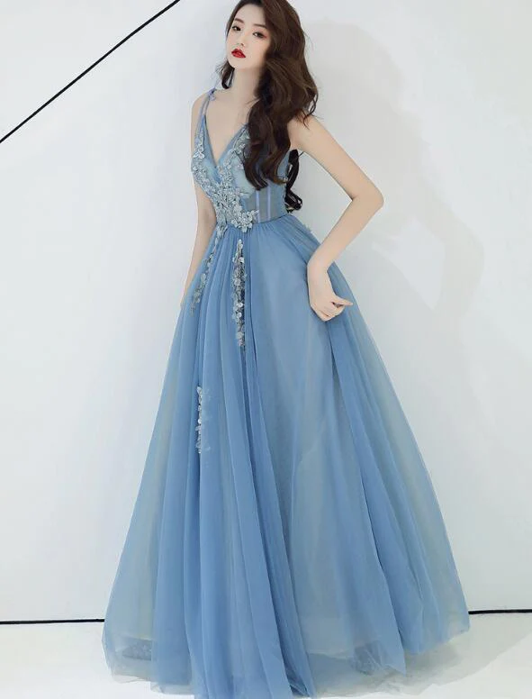 Charming Blue V-Neckline Tulle Party Dress With Staps, Long Prom Dress gh373