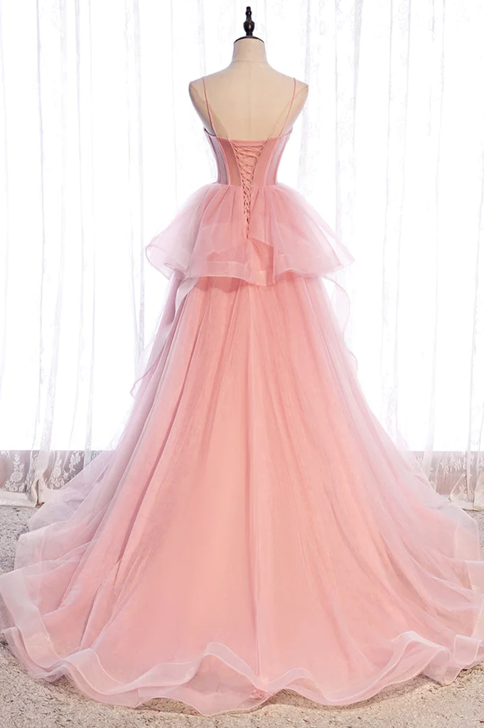 Pink Tulle Sweetheart Straps Long Formal Dresses, Pink Layers Party Dresses gh29
