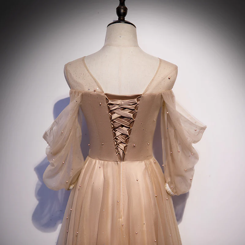 Champagne Tulle Long Puffy Sleeves Party Dresses, Beautiful Floor Length Prom Dresses gh31