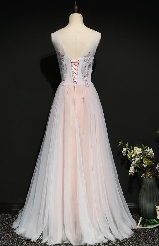 Light Pink Floral Tulle A-Line Prom Dress Long Party Dress gh401