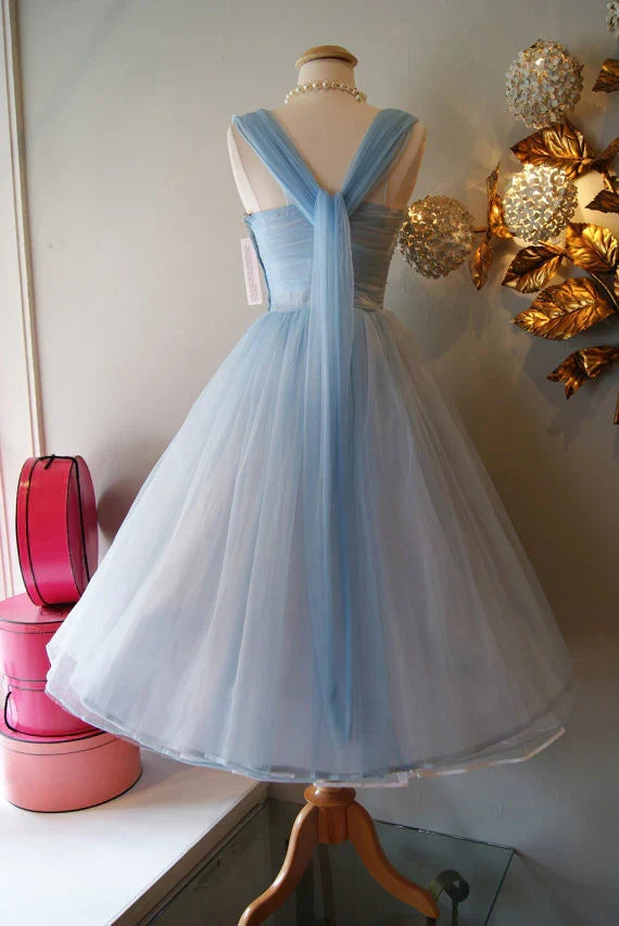 Retro Light Blue Tulle Design A-line Chiffon Party Dress Homecoming Dress Prom Dress Bridesmaid Dress TP4130
