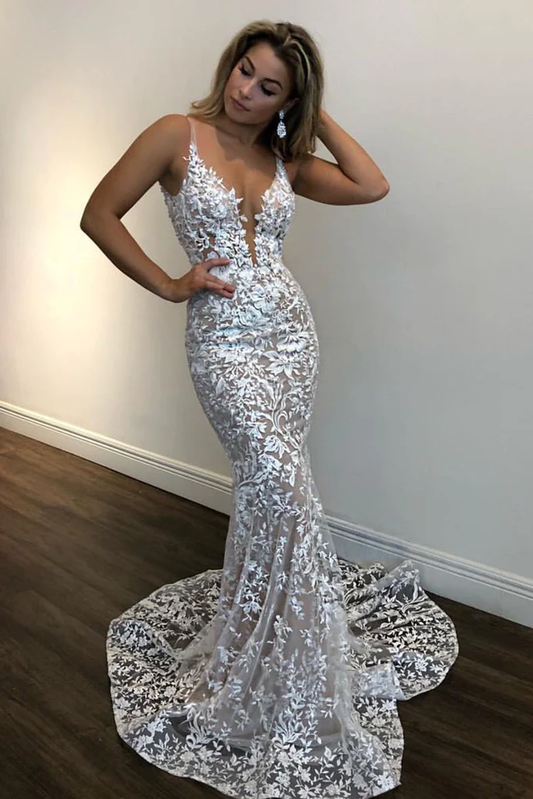 Deep V Neck Mermaid Champagne Lace Prom Dress, Mermaid Champagne Formal Dress, Champagne Lace Evening Dress gh2244