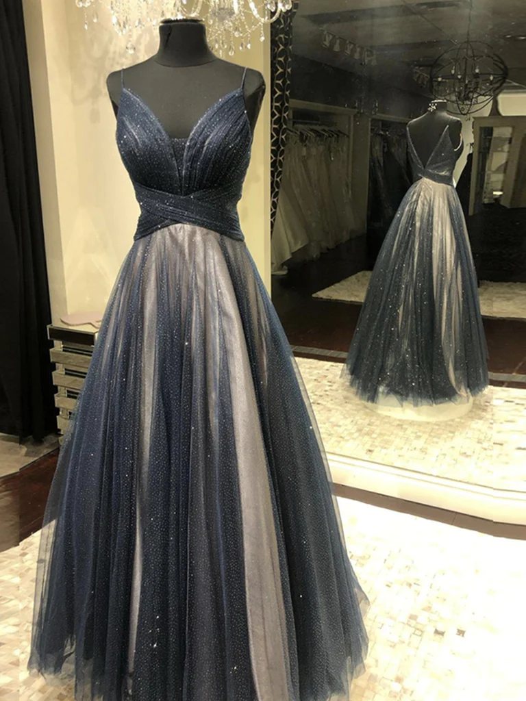 Dark Navy Blue Tulle Long Prom Dresses, Backless Dark Blue Long Formal Evening Dresses gh2265